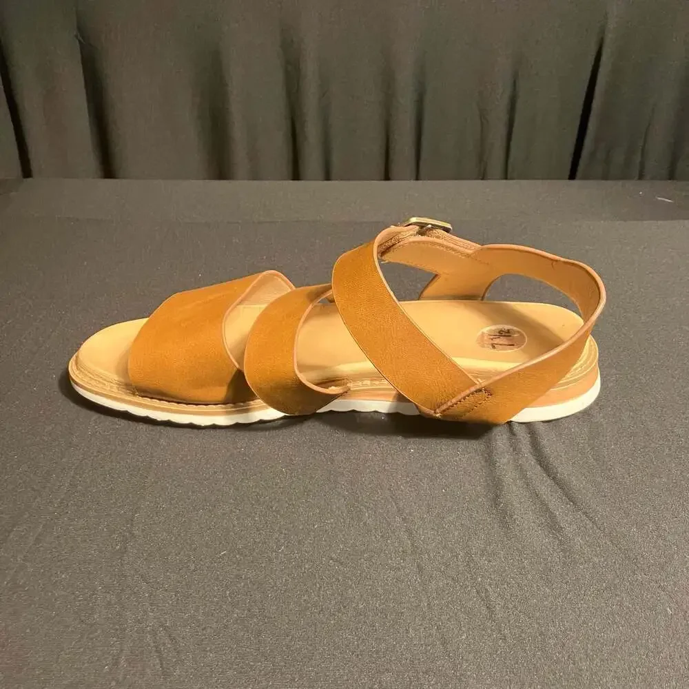 Brown Leather Triple Strap Platform Sandals with Buckle